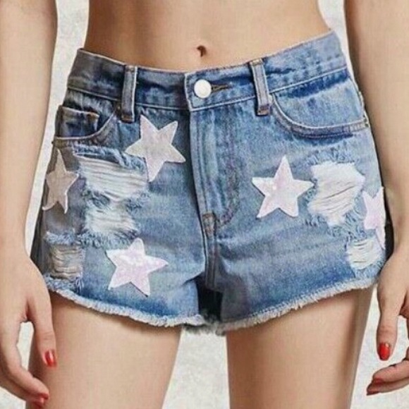 Forever 21 Plus Size Shorts Pink Stars Denim GUC - Picture 4 of 11